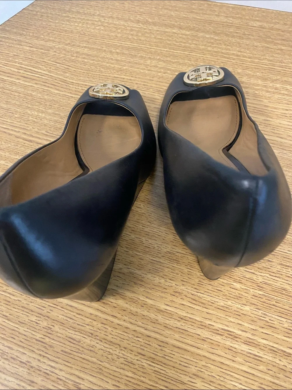 Tory Burch Black Leather Peep-Toe Heels with Gold Logo Medallion